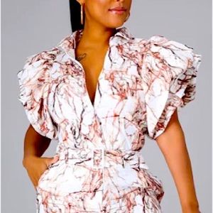 A Peach Women’s Puff Fluted Sleeve Marble White & Brown Button Down Shirt